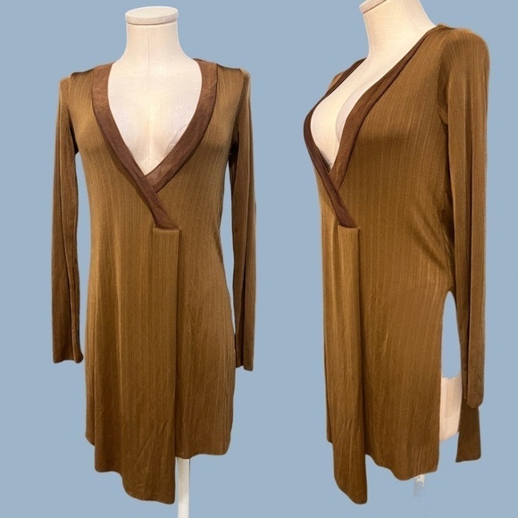 ZARA W&B collection bronze asymmetrical  thin long sleeve plunging v neckline - Picture 1 of 14